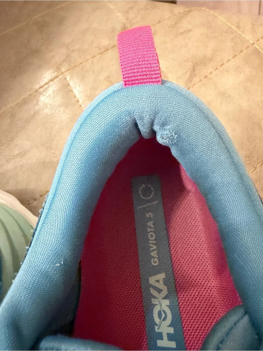 Hoka Women's Light Blue Knit Running Sneakers with Pink Heel Loop